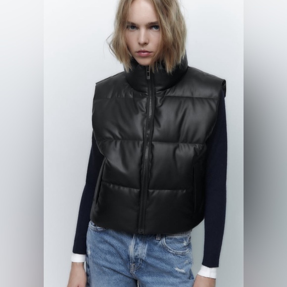 ZARA - NWOT- Faux Leather Cropped Puffer Vest *Discontinued* - Released for Sale - Picture 7 of 9